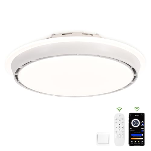 bodkar 20 Inch Bladeless Ceiling Fan with Light, Low Profile Flush Mount Ceiling Fan with APP & Remote Control, Dimmable LED Fan Light for Bedroom (White)