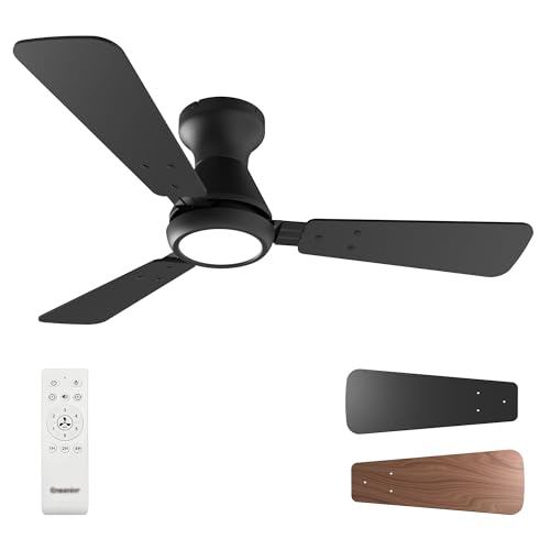 Ensenior 42 Inch Flush Mount Ceiling Fan with Light and Remote, Low Profile Ceiling Fans with Lights, 3 Blades (Black/Wood), Quiet DC Motor, 6 Speeds, 3 Color, Memory Function, Fan for Bedroom, Black