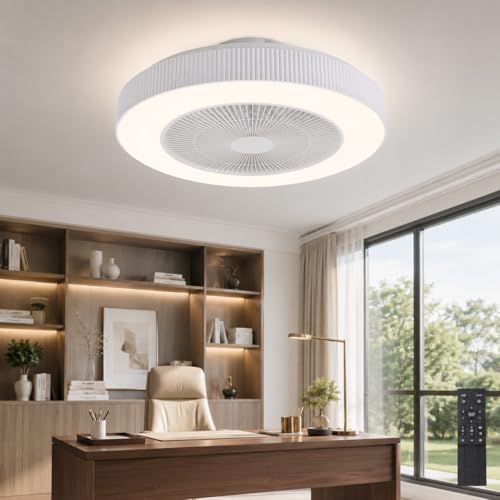 CYANAVIS 20 Inch Ceiling Fans with Lights,Led Bladeless Ceiling Fans, Remote Control Enclosed Flush Mount Ceiling Fan, Small Low Profile for Bedroom, Kitchen Living Room,6 Wind Speed, 3000LM (B1001M)