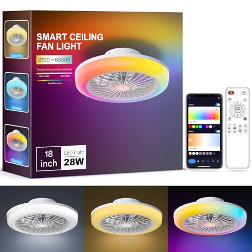GRACEGLIDE Smart 18 Inch RGBWW Bladeless Ceiling Fan with Light | 2800LM Low Profile Fan Light with 6-Speed Quiet DC Motor, Remote & App Control for Flush Mount Small Ceiling Fan for Bedrooms