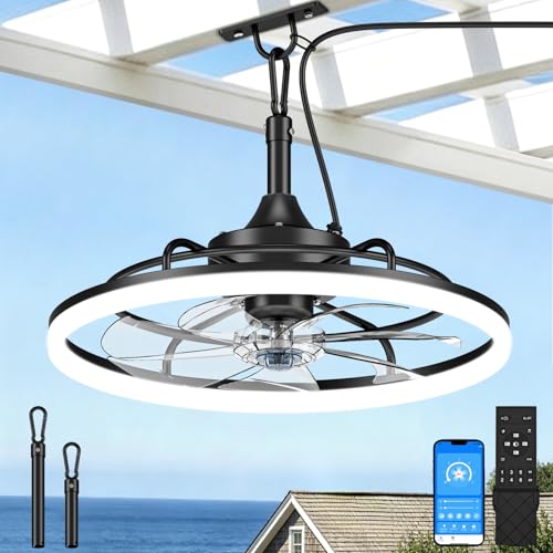 VOLISUN Outdoor Ceiling Fans with Light for Patios, 19.7in Weatherproof Plug in Ceiling Fan, 3000K-6500K Dimmable Gazebo Fan Remote&APP Control, Black Caged Ceiling Fan for Porch, Pergola,Canopy