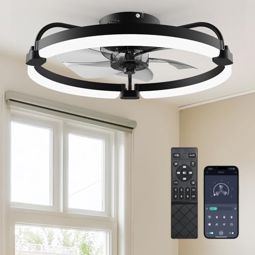 Ensenior Ceiling Fans with Lights and Remote, 20'' Low Profile Ceiling Fan Flush Mount, APP Control, 6 Speed, 3CCT, Quiet Reversible DC Motor, Dimmable Modern Ceiling Fan with Light for Bedroom, Black