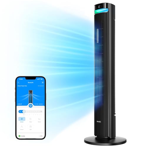 GoveeLife 42'' Tower Fan for Bedroom, Smart Floor Fans with 150° Adjustable Oscillating, APP & Voice Control, 5 Modes 12 Speeds up 26ft/s, 24H Timer, 27dB Bladeless Fan for Cooling Home Office Black