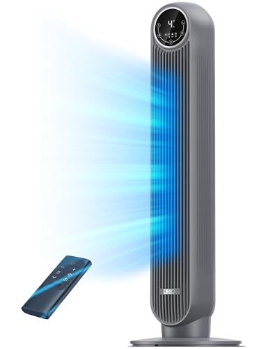 DREO Tower Fan for Bedroom, 25ft/s Velocity Quiet Floor Fan, 90° Oscillating Fans for Indoors with 4 Speeds, 4 Modes, 8H Timer, Bladeless Fan, Standing Fans, Grey, Tower Fan 307 (DR-HTF007)
