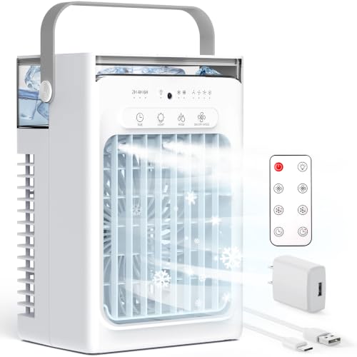 Portable Air Conditioners, AC Unit, Evaporative Air Cooler with 1000ml Tank, 2/4/6H Timer, 4 Speeds & 2 Mist Modes, Remote, Colorful Light, USB Charging Cooling Fan for Bedroom Indoor Office