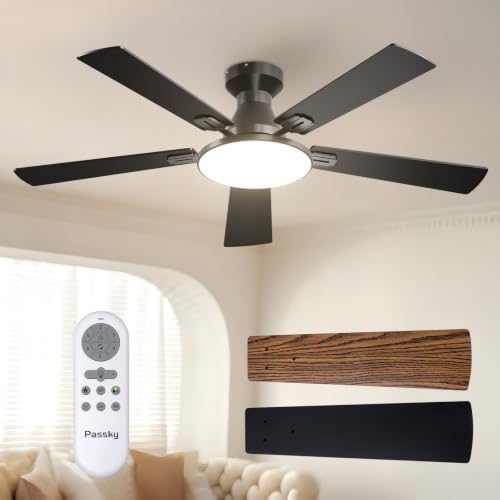 Passky Ceiling Fans with Lights, 52 inch Flush Mount Ceiling fan with Remote Control, Low Profile Ceiling Fan for Bedroom, Farmhouse, Reversible, 3CCT, Dimmable, Noiseless DC Motor, Black