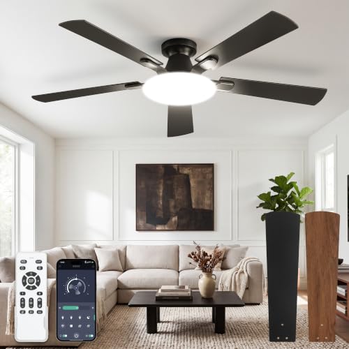 52 Inch Ceiling Fan with Lights and Remote, 30W 12" LED Panel Flush Mount Ceiling Fan, 6-Speed Quiet DC Motor Modern Low Profile Ceiling Fan with Reversible Blades for Bedroom, Living Room, Patio