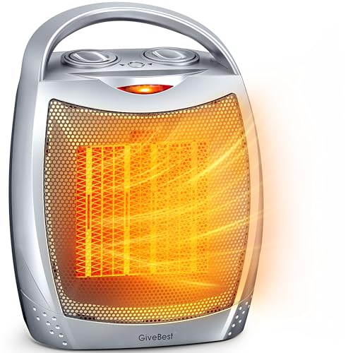 GiveBest Portable Electric Space Heater with Thermostat, 1500W/750W Safe and Quiet Ceramic Heater Fan, Heat Up 200 Square Feet for Office Room Desk Indoor Use, Silver